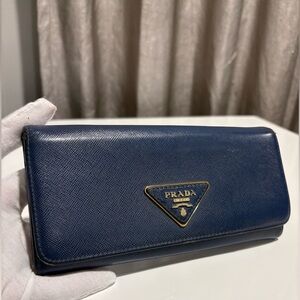 Prada Navy Saffiano Leather Continental Wallet with Gold-Tone Zip
